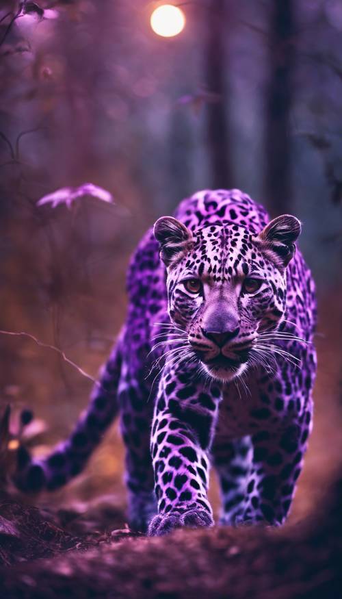 Un curioso leopardo viola che si aggira nella foresta mistica al chiaro di luna.