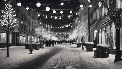 Una fotografía vintage en blanco y negro de una calle nevada de una ciudad europea adornada con luces y decoraciones navideñas.