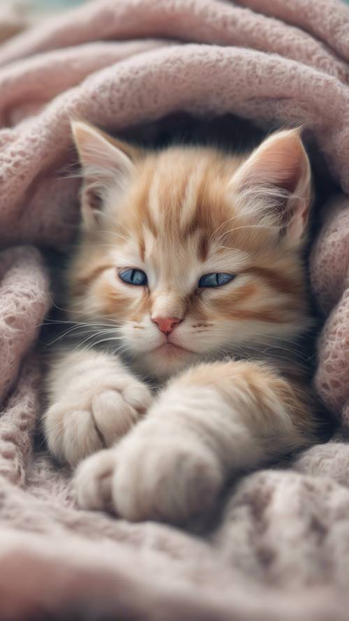 一幅柔和的素描，描繪了一隻困倦的小貓蜷縮在溫暖的毯子上。