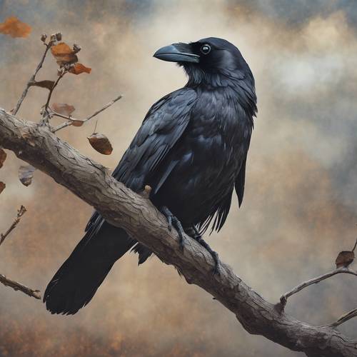 Un dipinto impressionista di un corvo dagli occhi neri appollaiato su un ramo durante una giornata nuvolosa.