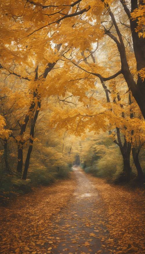 가을의 고요하고 아름다운 숲길에는 황금빛 나뭇잎이 흩어져 있습니다.
