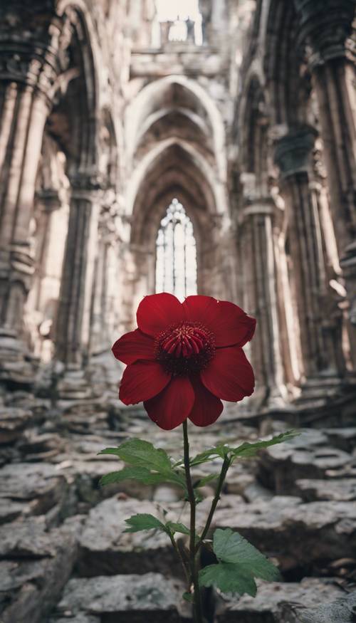 Una vista ravvicinata di un fiore cremisi che cresce tra le rovine di un&#39;antica cattedrale gotica.