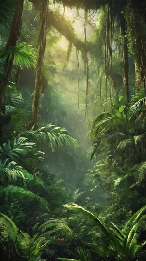 Lukisan rimbun dari hutan hujan lebat, penuh dengan tanaman dan satwa liar eksotis.