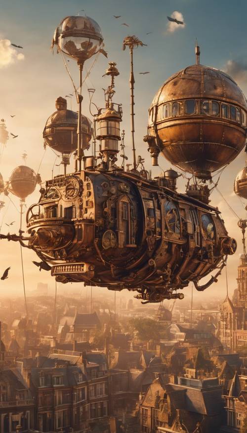 An intricate steampunk cityscape at sunset, with airships and birds in the sky