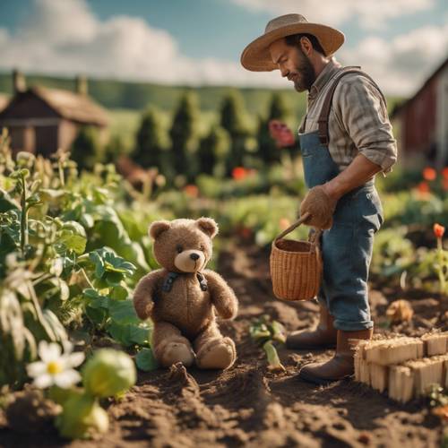 Um fazendeiro de ursinhos de pelúcia cuidando de uma colheita abundante em um cenário de fazenda em miniatura.