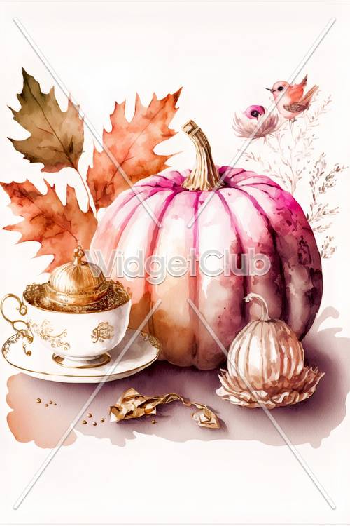 Elegância de outono com abóbora e xícara de chá