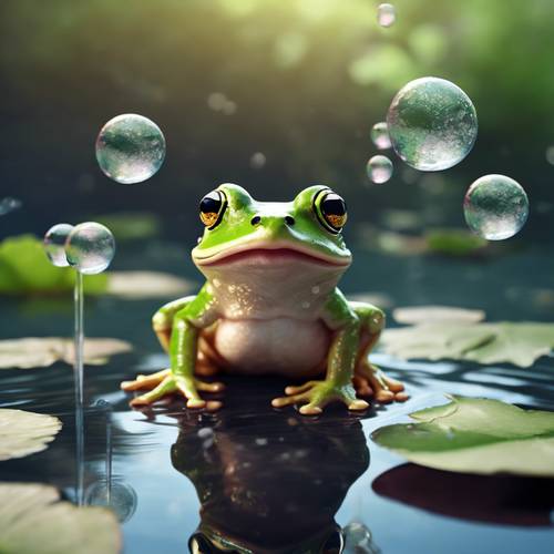 一隻卡通卡哇伊青蛙在寧靜的池塘裡吹泡泡。