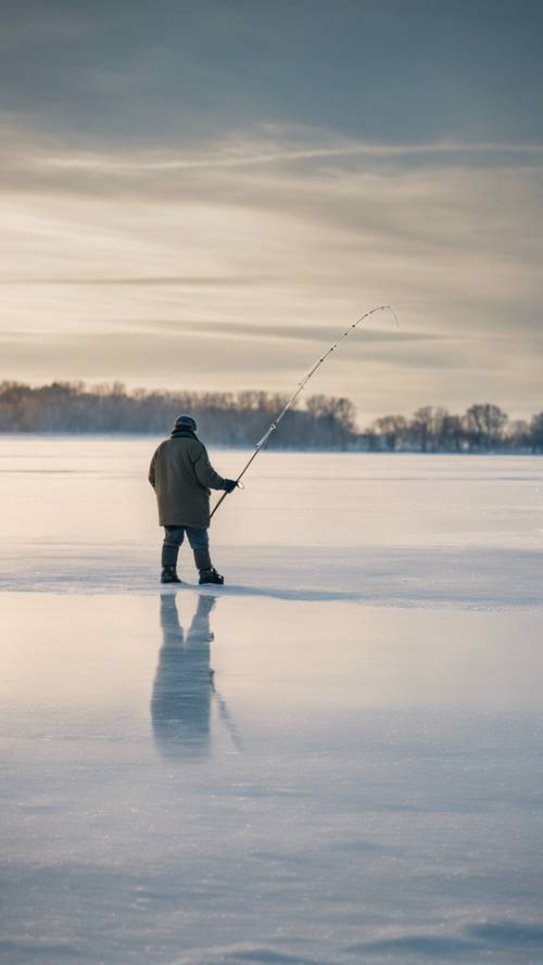 Cena pacífica de inverno retratando um pescador de gelo solitário em um lago Michigan congelado.
