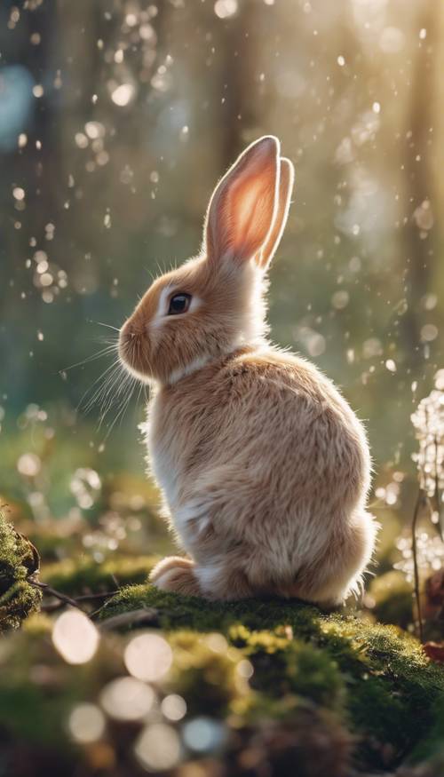 An early spring forest glittering with dew, where cute, fluffy bunnies hop around playfully.