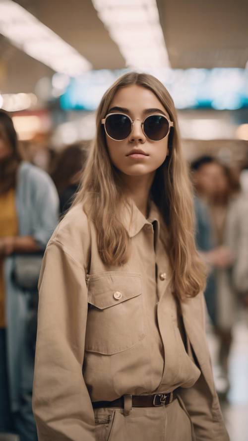 Uma adolescente usando óculos escuros Y2K bege enormes em um shopping lotado.