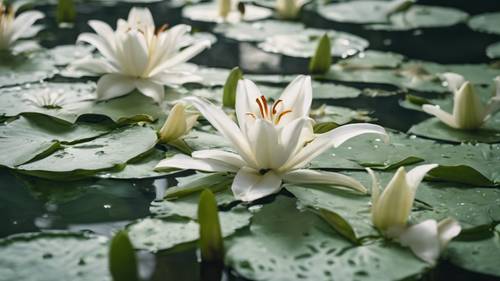 White lilies floating on a clear green pond