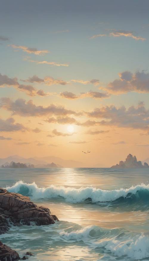 Traditional Chinese painting of a calm sea with gentle waves at sunset