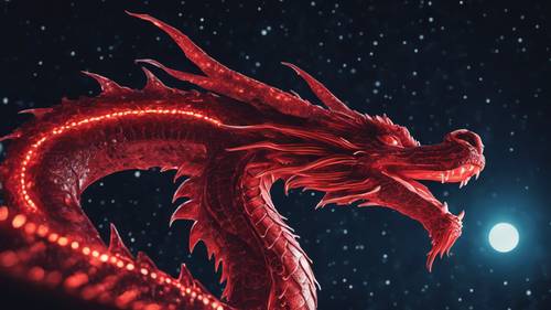 Um dragão de néon vermelho voando em um céu noturno escuro e fresco.