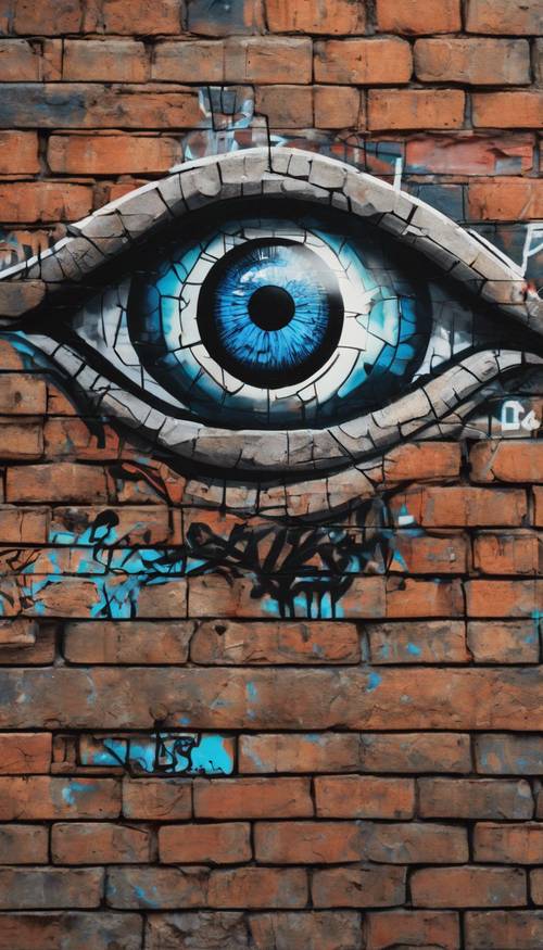 An abstract interpretation of the evil eye in a modern graffiti style on a city brick wall.