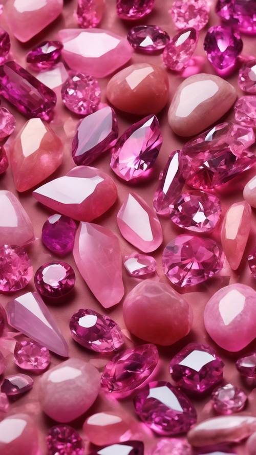 Một bức ảnh ghép các loại đá quý màu hồng với nhiều vết cắt khác nhau.