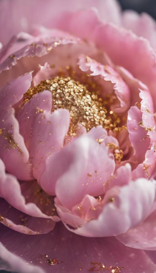 Một bông hoa mẫu đơn màu hồng được phủ đầy ánh vàng lấp lánh.