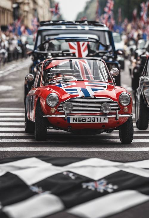 Une combinaison du drapeau à damier et de l&#39;Union Jack, signifiant la fin d&#39;un rallye automobile au Royaume-Uni.