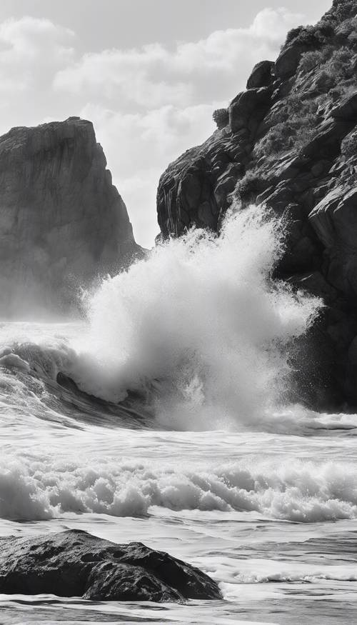 Un semplicistico dipinto ad acquerello in bianco e nero di onde che si infrangono contro una costa rocciosa.