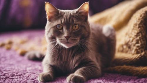 Ein verspieltes Bild einer lila Katze mit großen gelben Augen, die auf einem gemütlichen Teppich sitzt.
