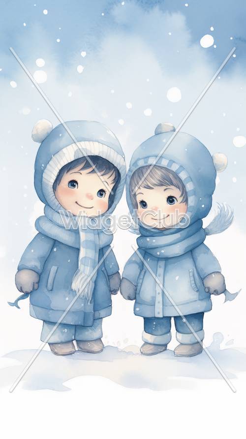 Two Cute Cartoon Kids in Winter Snow