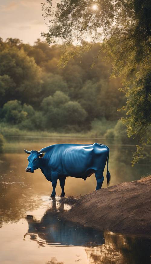 Une vue paisible d’une vache bleue se prélassant au bord de la rivière sous la lumière du soir.