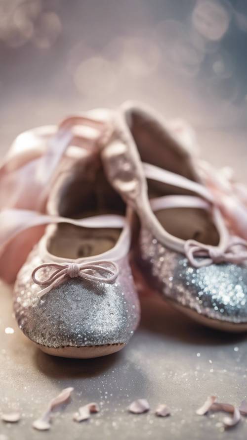 Sepasang sepatu balet, ditaburi kilau perak.
