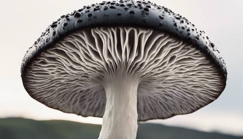 Uma imagem bem iluminada de um cogumelo Portobello preto brilhante sobre um fundo branco.