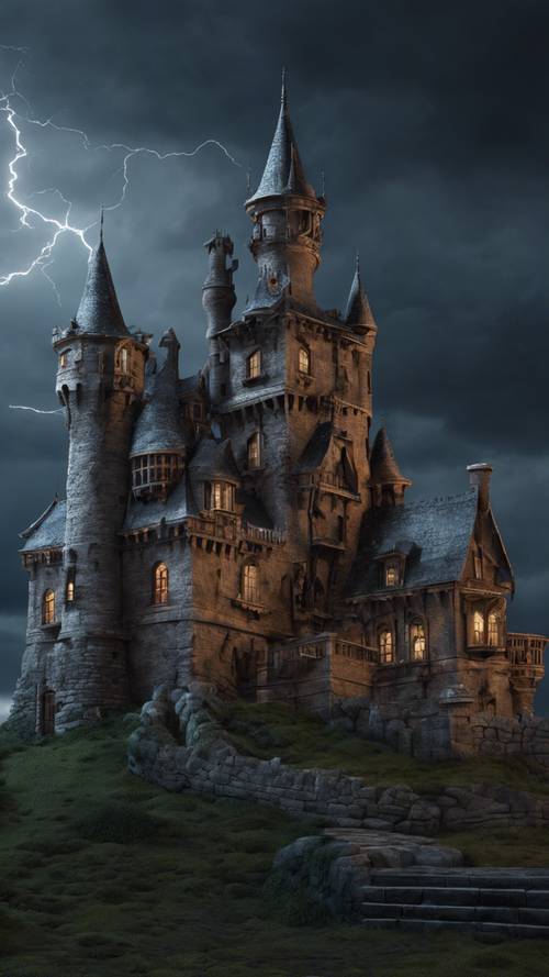 An intricate 3D model of a haunted castle under a stormy sky at midnight.