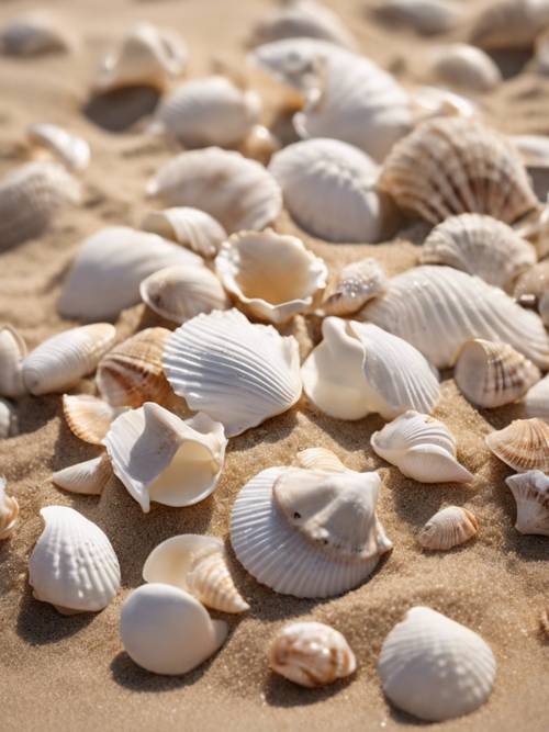 在陽光明媚的海灘上，柔軟的沙灘上躺著一堆白色的貝殼。