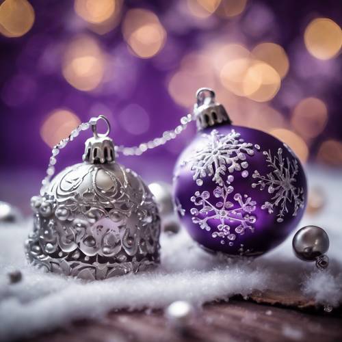 An elegant purple Christmas card featuring silver bells and delicate snowflakes.