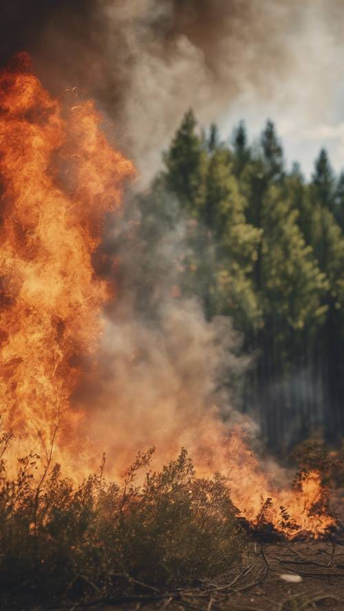 שריפת יער מתפשטת במהירות ביום קיץ יבש.