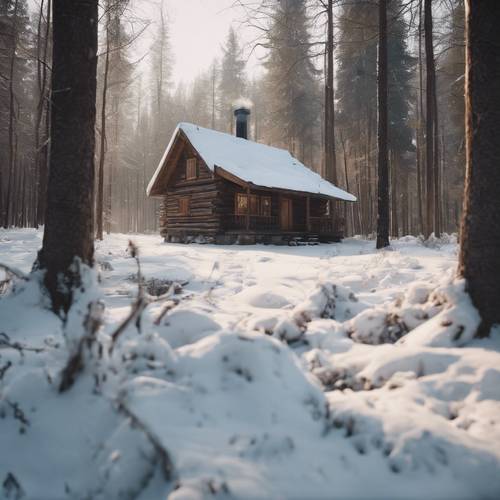 A quiet rustic cabin nestled in a heavy winter forest, smoke gently rising from the chimney.