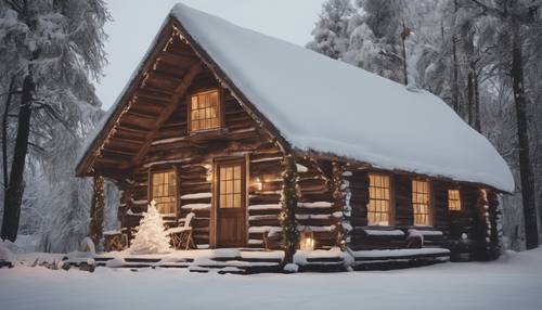 Um cenário rústico de uma cabana de madeira bem iluminada em um prado coberto de neve, com uma árvore de Natal branca decorada em primeiro plano.