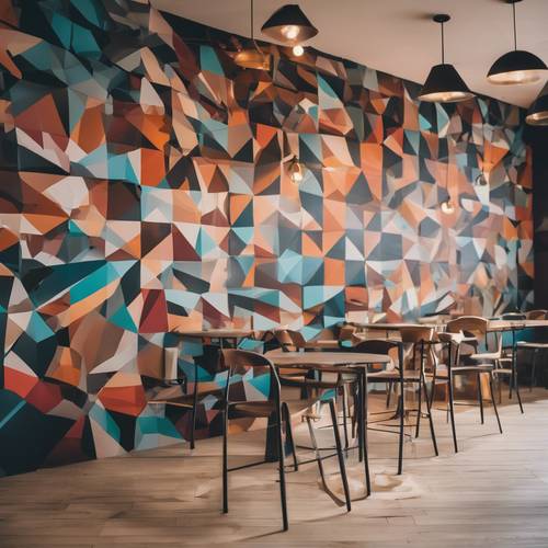 Una pared cubierta de murales geométricos en una cafetería hipster