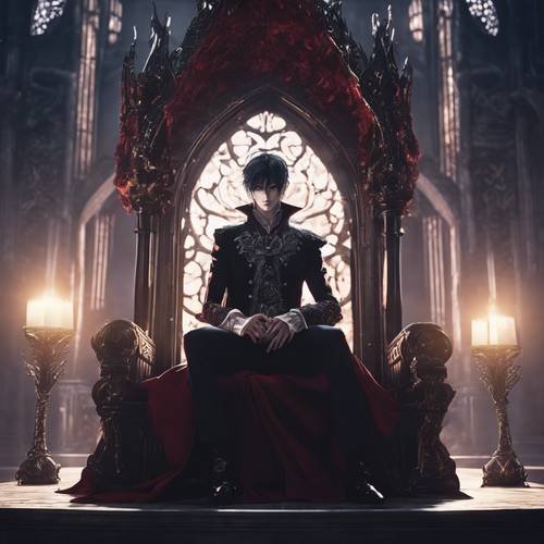 Аниме-принц-вампир размышляет в готическом тронном зале под неземным сиянием лунного света.