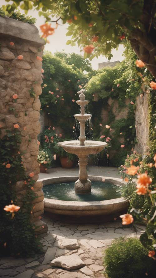 Una vista rilassante di un incantevole cortile con giardino, completo di una fontana gorgogliante, viti in fiore che si arrampicano sui muri di pietra e uccelli che svolazzano intorno.