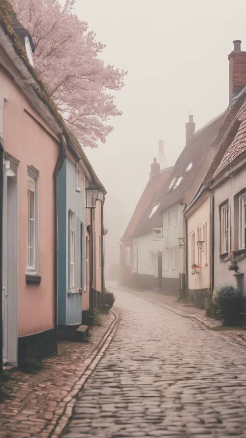 Mglisty, pastelowy poranek w uroczej duńskiej wiosce.
