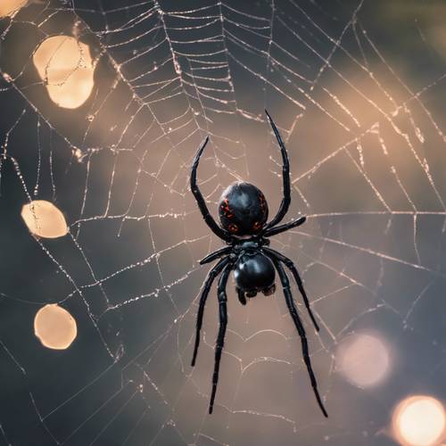A pastel gothic black widow spider spinning a beautiful web in the moonlight.