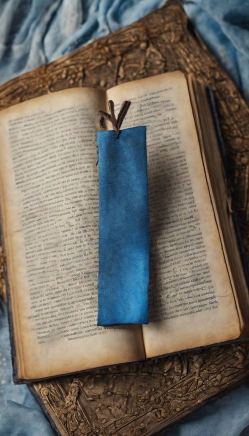 Um marcador de página de seda azul colocado em um livro velho e desgastado.