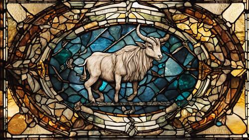 A Capricorn-themed stained glass window allowing warm sunlight to filter through.