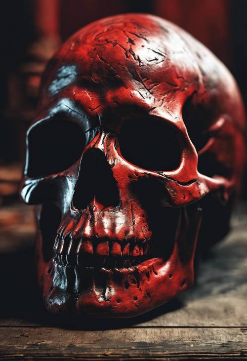 Ein antiker rot-schwarzer Totenkopf auf einem verwitterten Tisch bei gedämpftem Licht