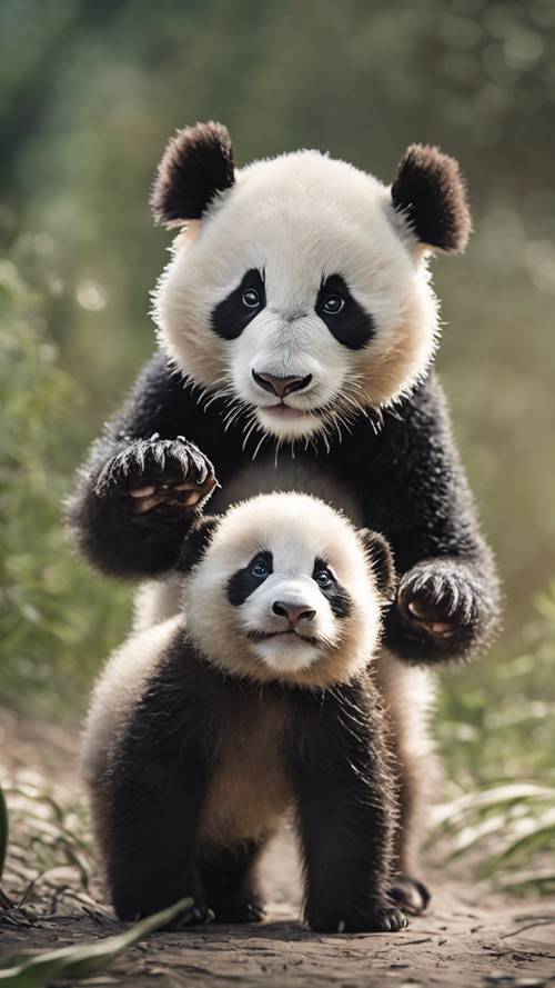 A newborn panda cub learning to walk, under the loving guidance of its mother.