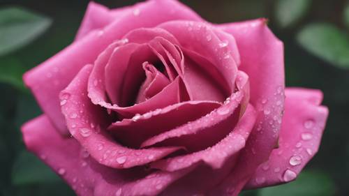 Eine einzelne dunkelrosa Rose, frisch mit Tau bedeckt, Nahaufnahme vor unscharfem grünen Hintergrund.