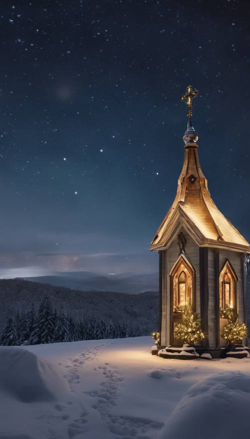 The night sky illuminated by a myriad of stars over a serene winter landscape, a lone chapel bedecked with Christmas decorations standing majestically, its bell echoing across the silent hillsides.