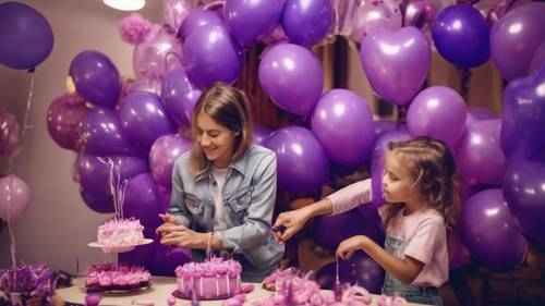 Ein Ballonkünstler gestaltet für eine Kindergeburtstagsparty herzförmige lila Ballons.