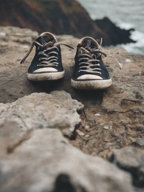 A pair of empty shoes at the edge of a cliff, overlooking an overcast sea with the phrase 'Depression is feeling more homesick for a place you've never been'.