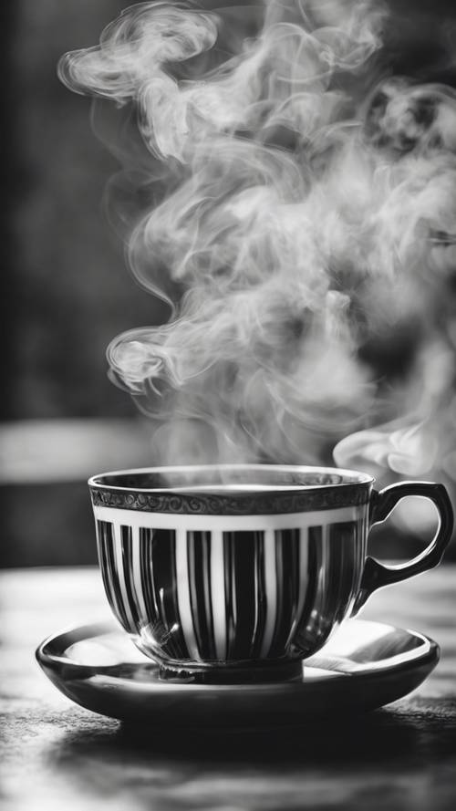 Black and white striped tea cup filled with steaming green tea.