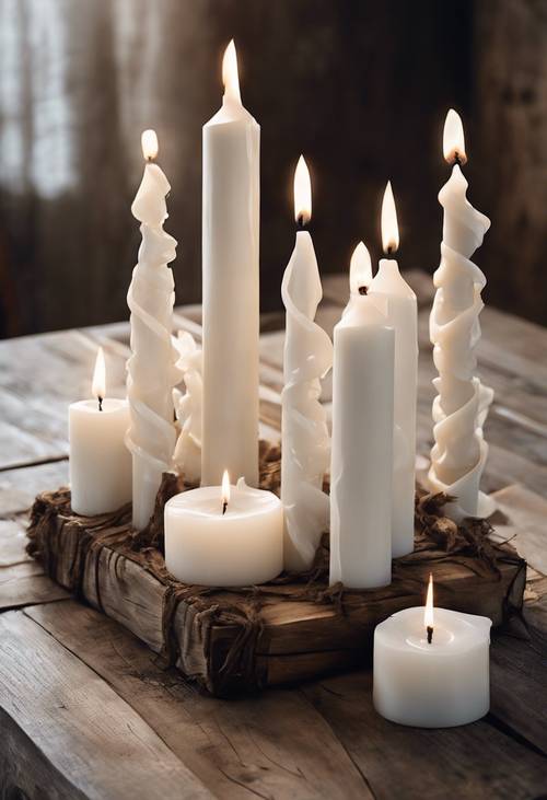Lilin putih yang dipelintir secara artistik dengan ketinggian berbeda di atas meja kayu pedesaan.