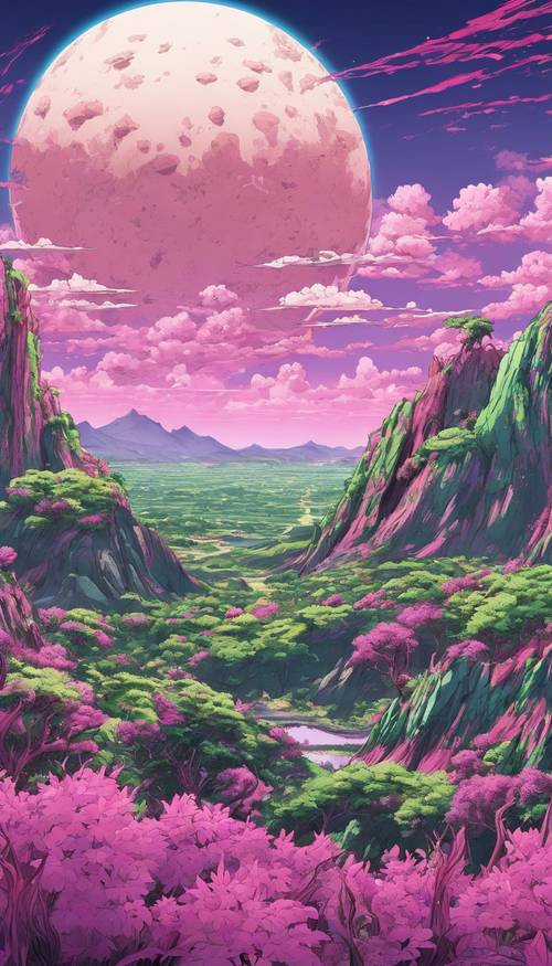 Representación inspirada en el anime de un planeta alienígena con vegetación rosa y violeta bajo un cielo verdoso.