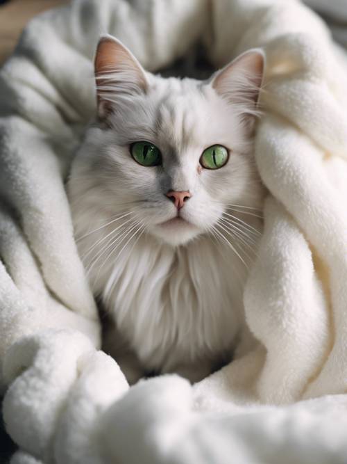 白い毛と緑の目を持つ猫が心地よい白い毛布に座り、静かに喉を鳴らしている様子